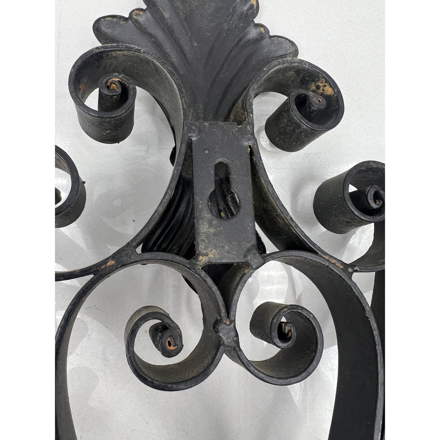 VTG Black Metal Ornate Wall Sconces Candle Holders Fleur De Lis Scrollwork Set 2