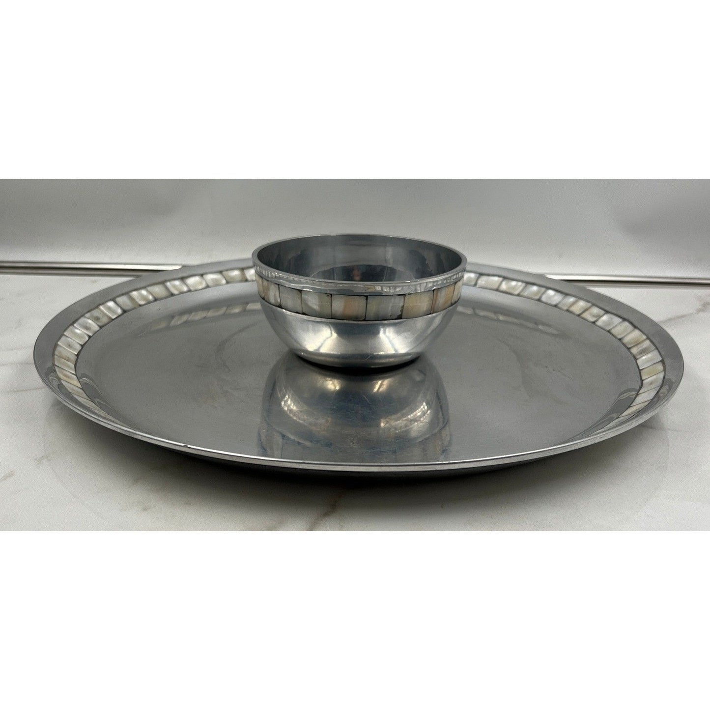 Towle Silversmiths Chip and Dip Serving Set Mother of Pearl Inlay Metal Platter