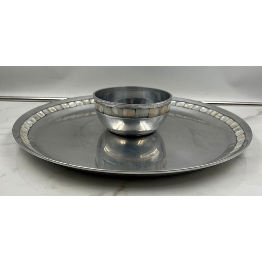 Towle Silversmiths Chip and Dip Serving Set Mother of Pearl Inlay Metal Platter