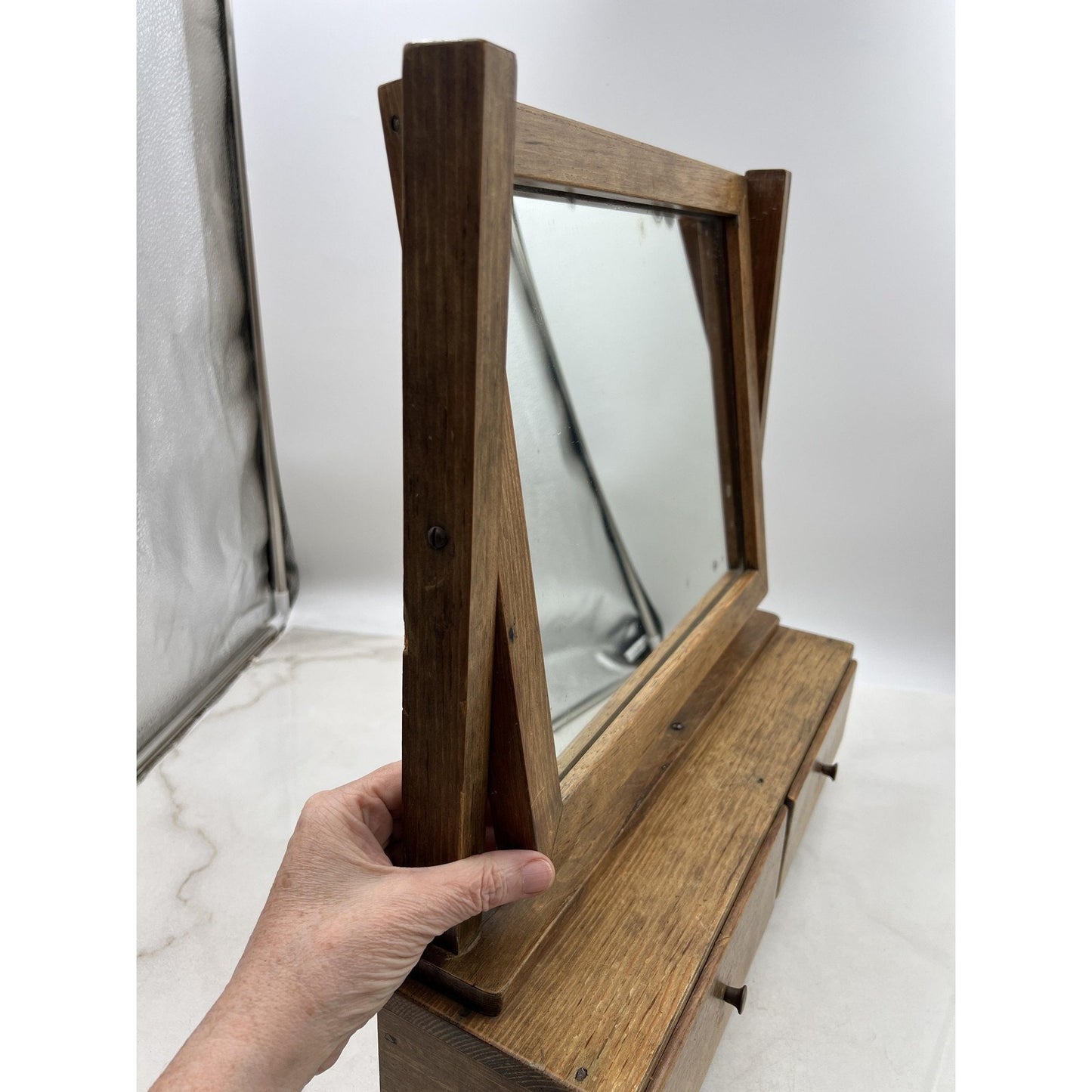 Vintage Wooden Vanity Mirror Box 2 Drawer Dresser Top Swivel Shaving Makeup 18"