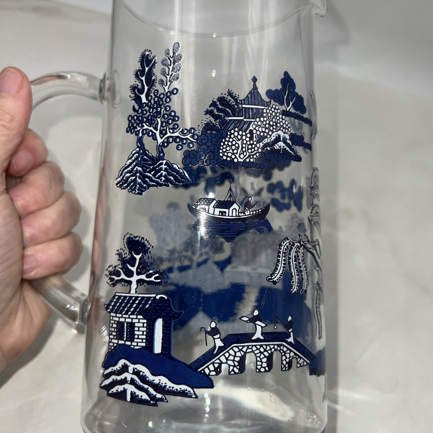 Vintage Glass Blue Willow Martini Pitcher w/ Applied Glass Handle