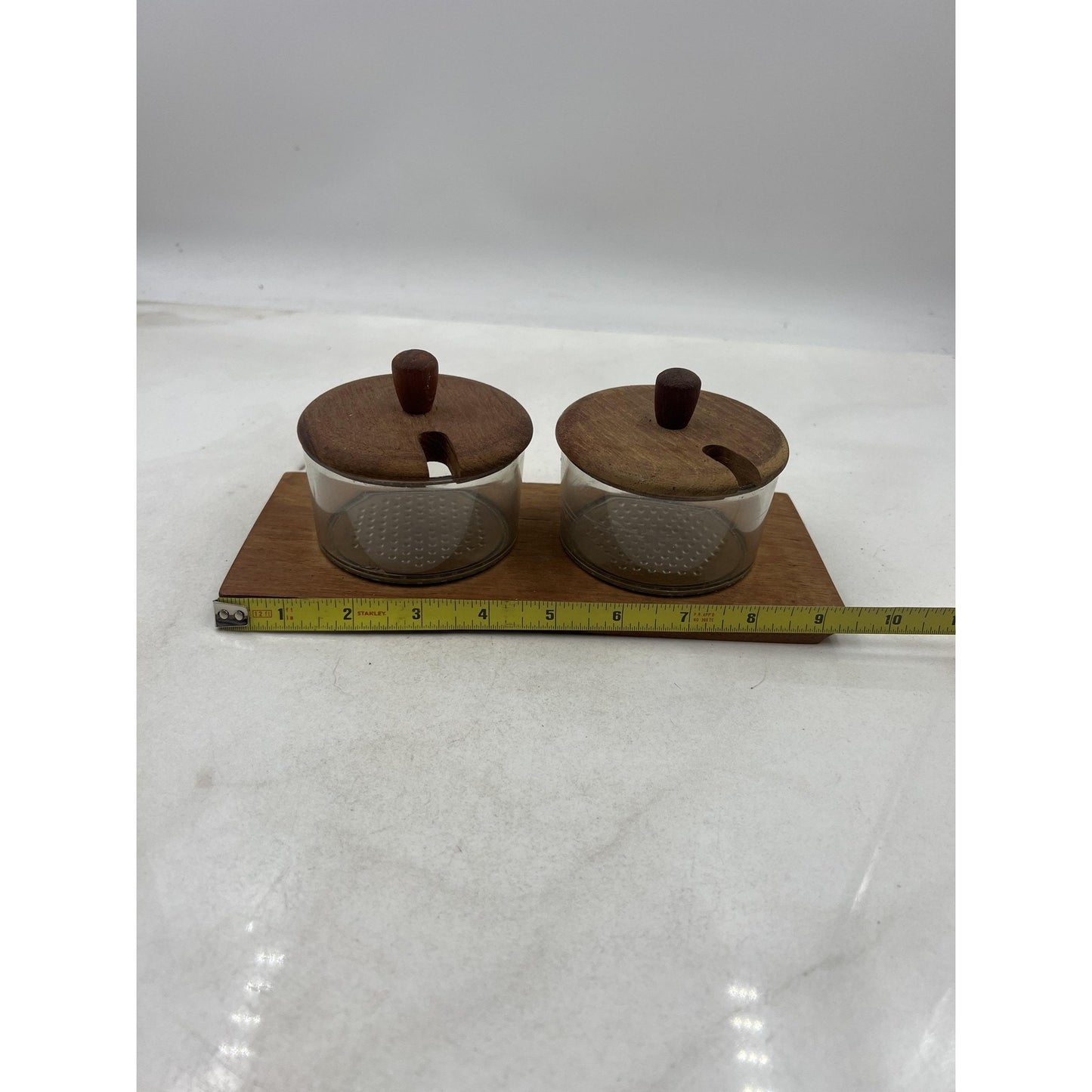 Luthje Wood Teak Glass Double Condiment Jar Set w/ Tray Danish Modern MCM