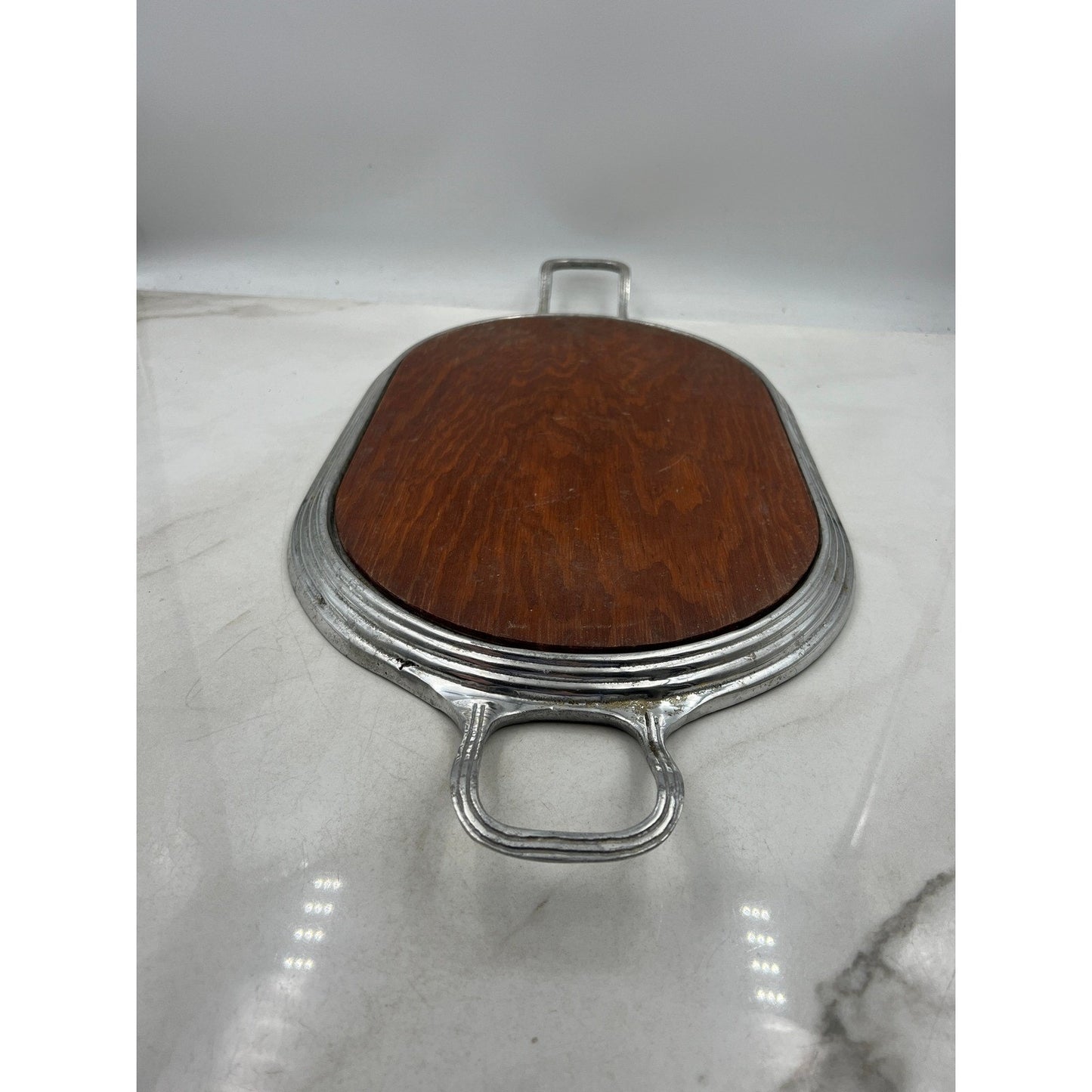 Vintage Wood Serving Tray Aluminum Handles Oval Platter Entertain