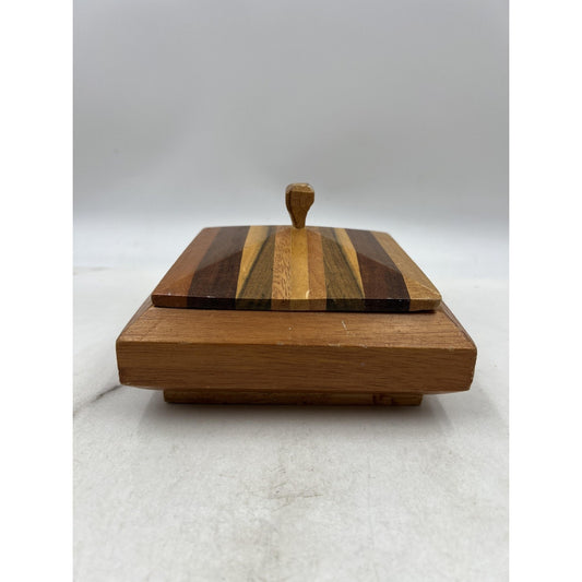 Vintage Handmade Striped Wood Jewelry Box Velvet Lined Lid Geometric Square 6"
