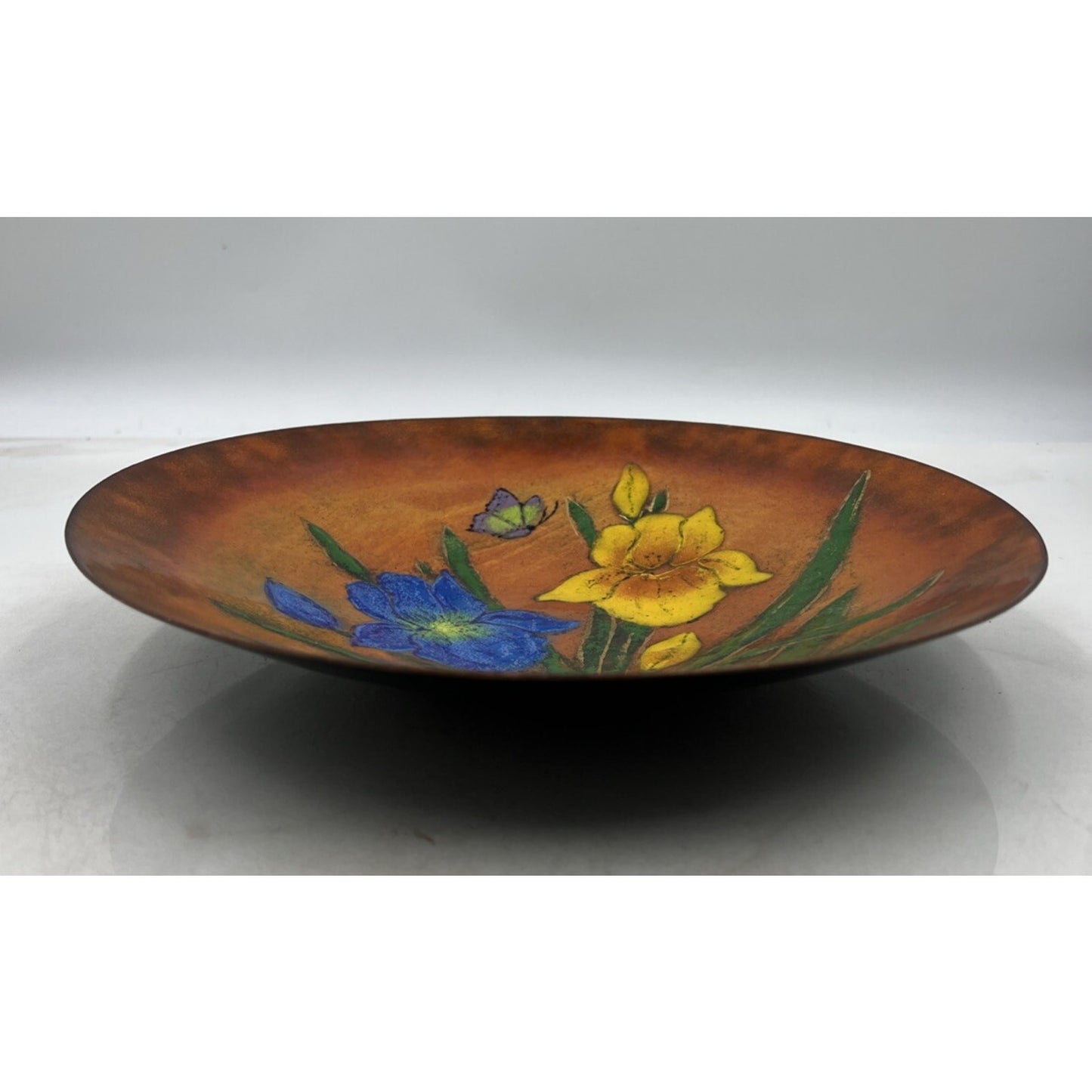 VTG Copper Bowl Enamel Painted Floral Decorative Cala Lillies Bowl Signed 11"