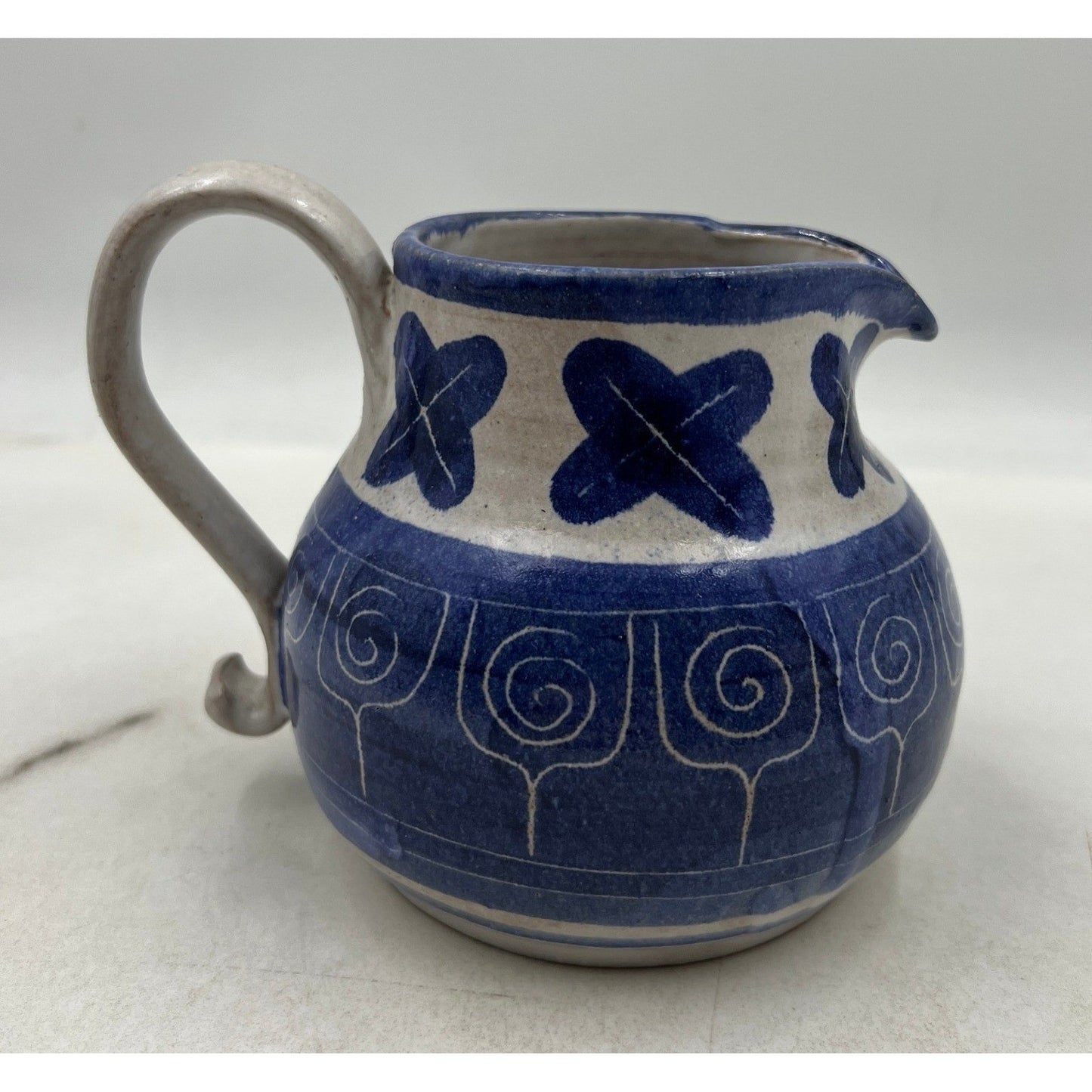 Blue White Ceramic Pitcher Creamer Small Decorative Hand Painted Swirl Floral