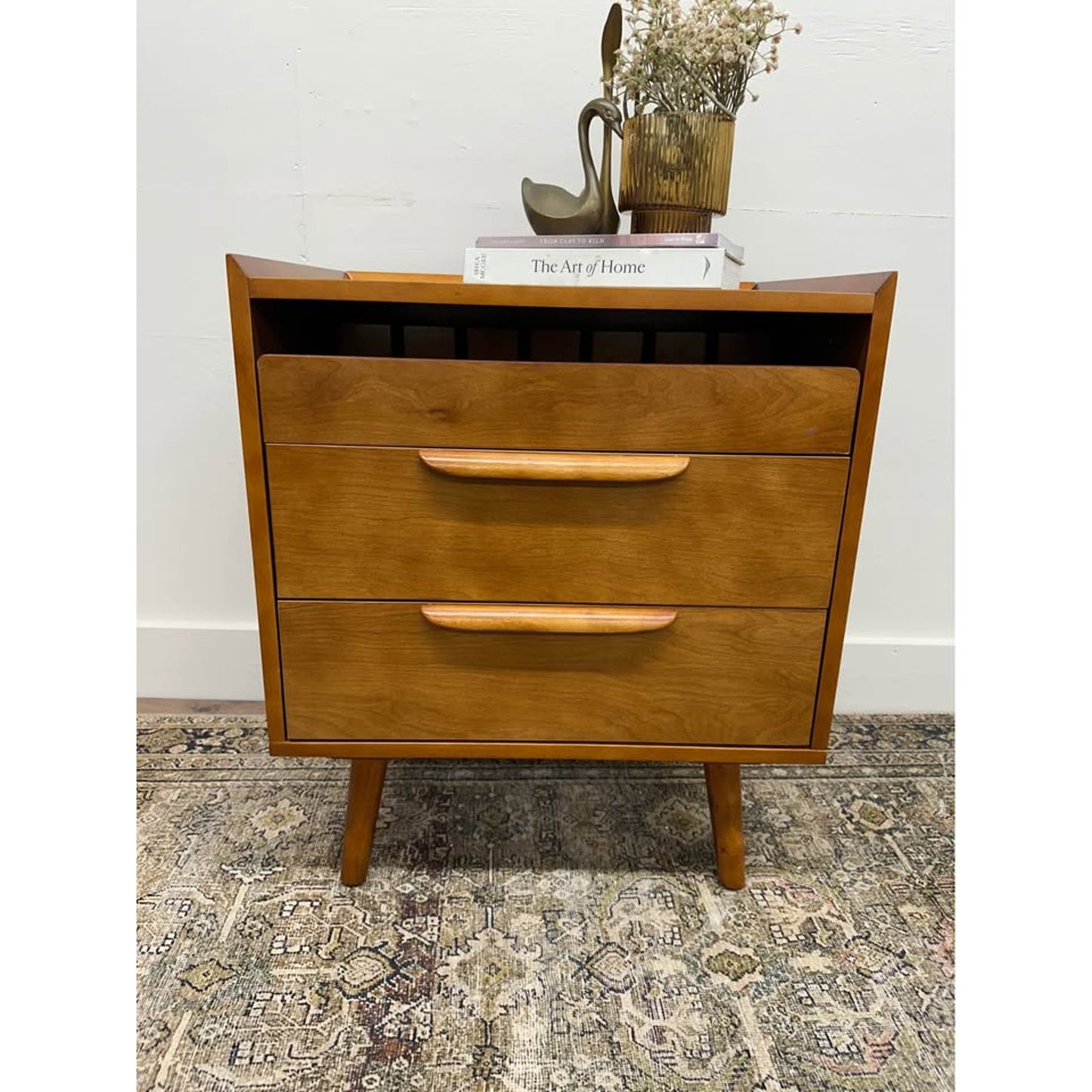 Florrie 3 Drawer Nightstand Acorn  Finish Wood MCM Style Built in Outlet