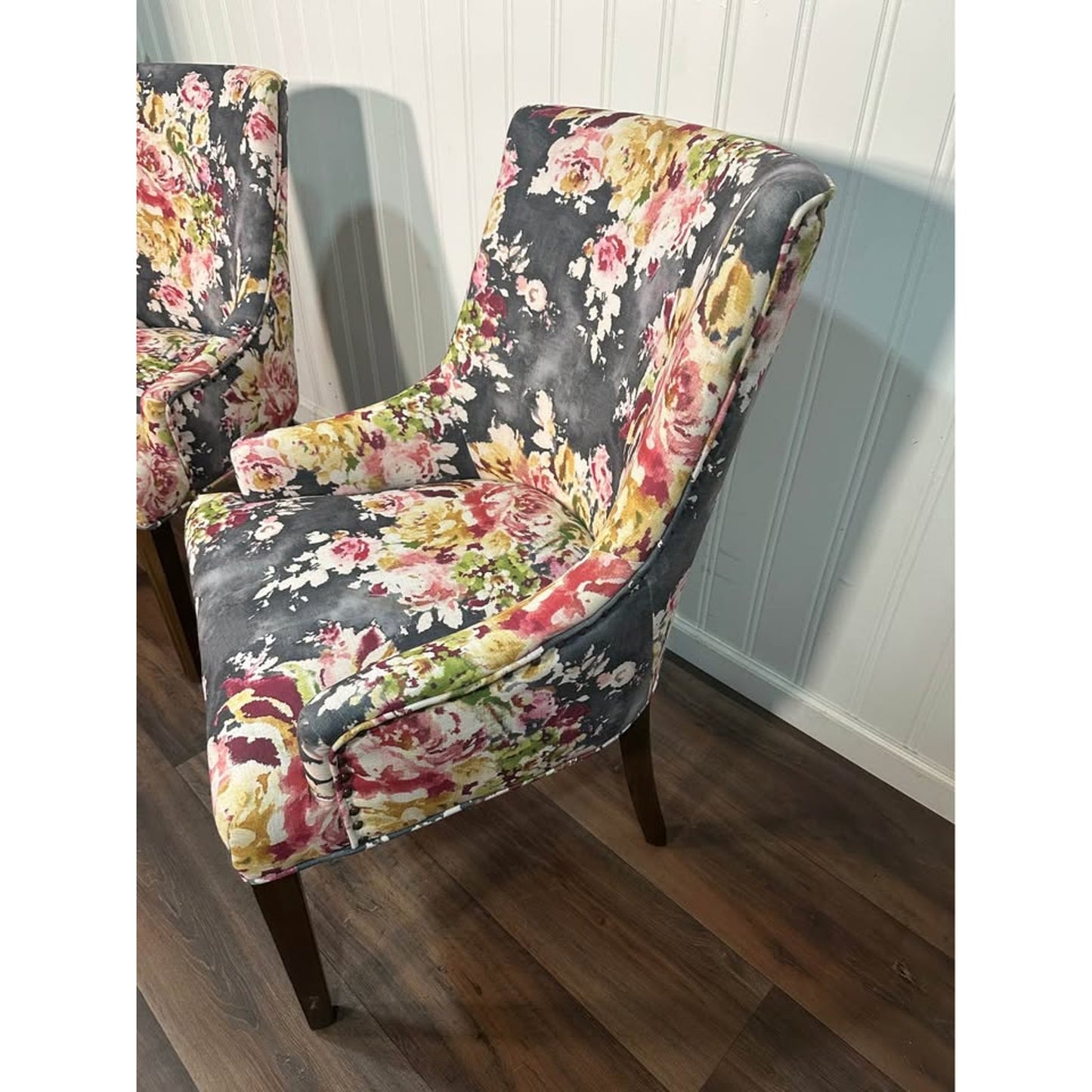 Grandin Road Armchairs Floral Fabric Covered Dining Kitchen Gray Set of 2