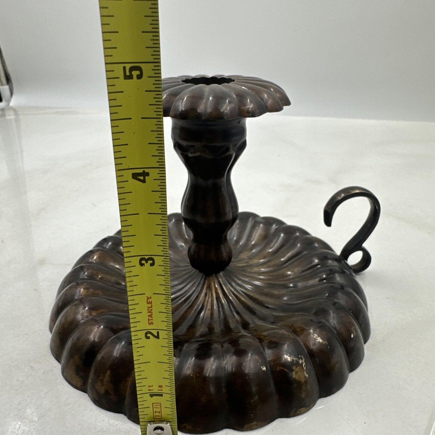 Vtg Brass Candle Holder Finger Loop Handle Scallop Ribbed Mid Century 5” India