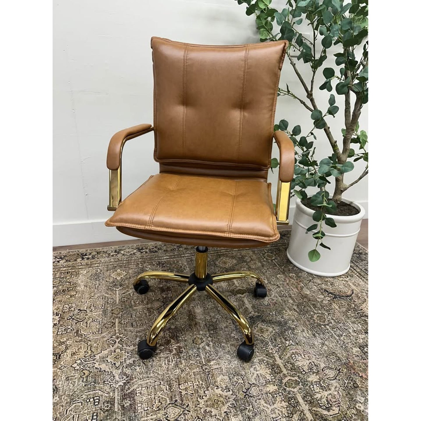 Riccardo Task Chair Brown Faux Leather Gold Rolling Office Chair