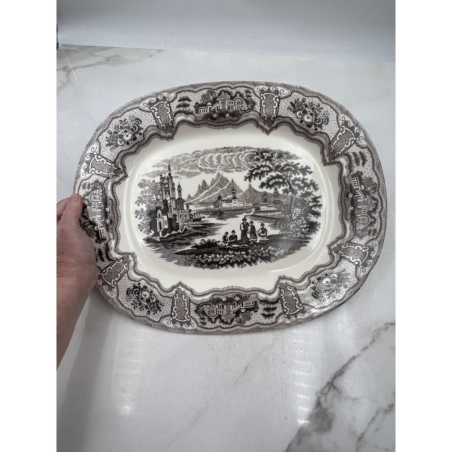 Two's Company Victorian Toile Oval Ceramic Platter Brown 18" Large China Decor