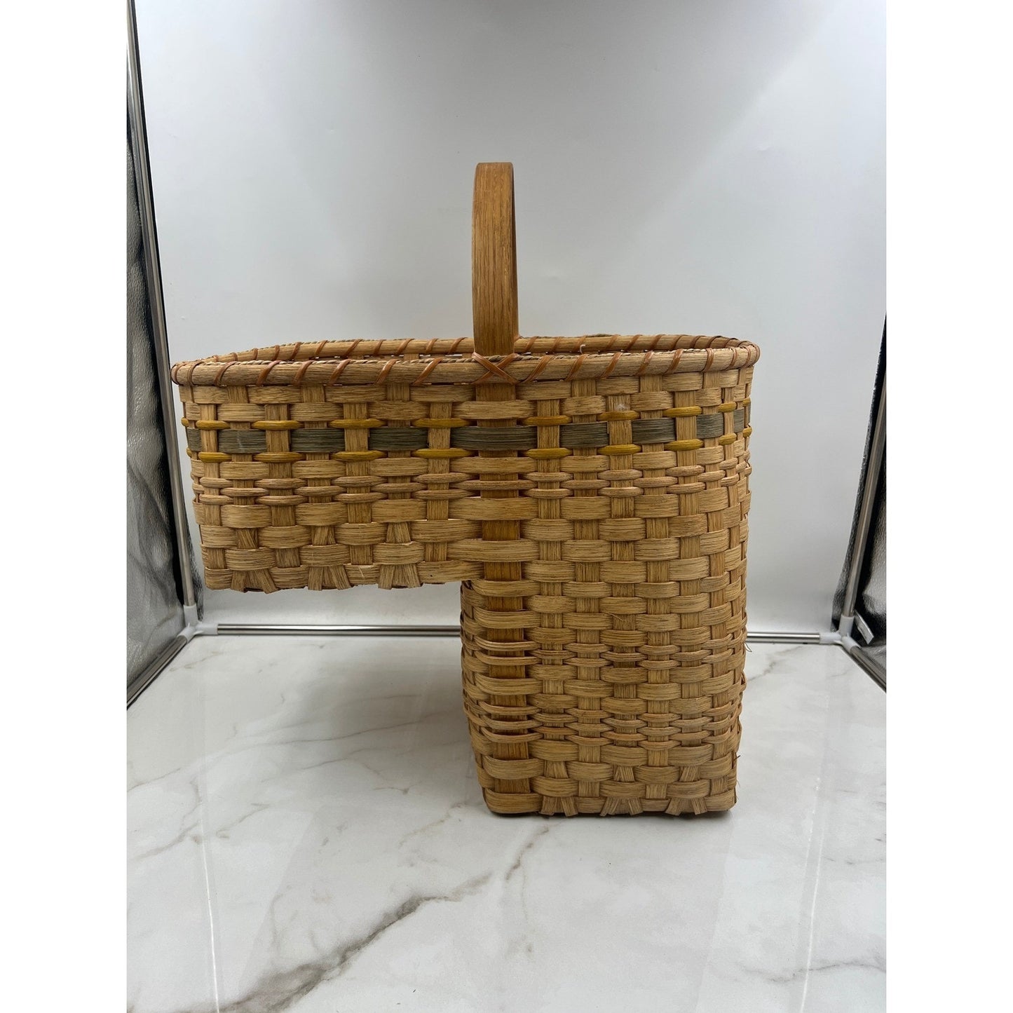 VTG Handmade Woven Stair Basket Wooden Handle Rustic Step Storage Natural Brown
