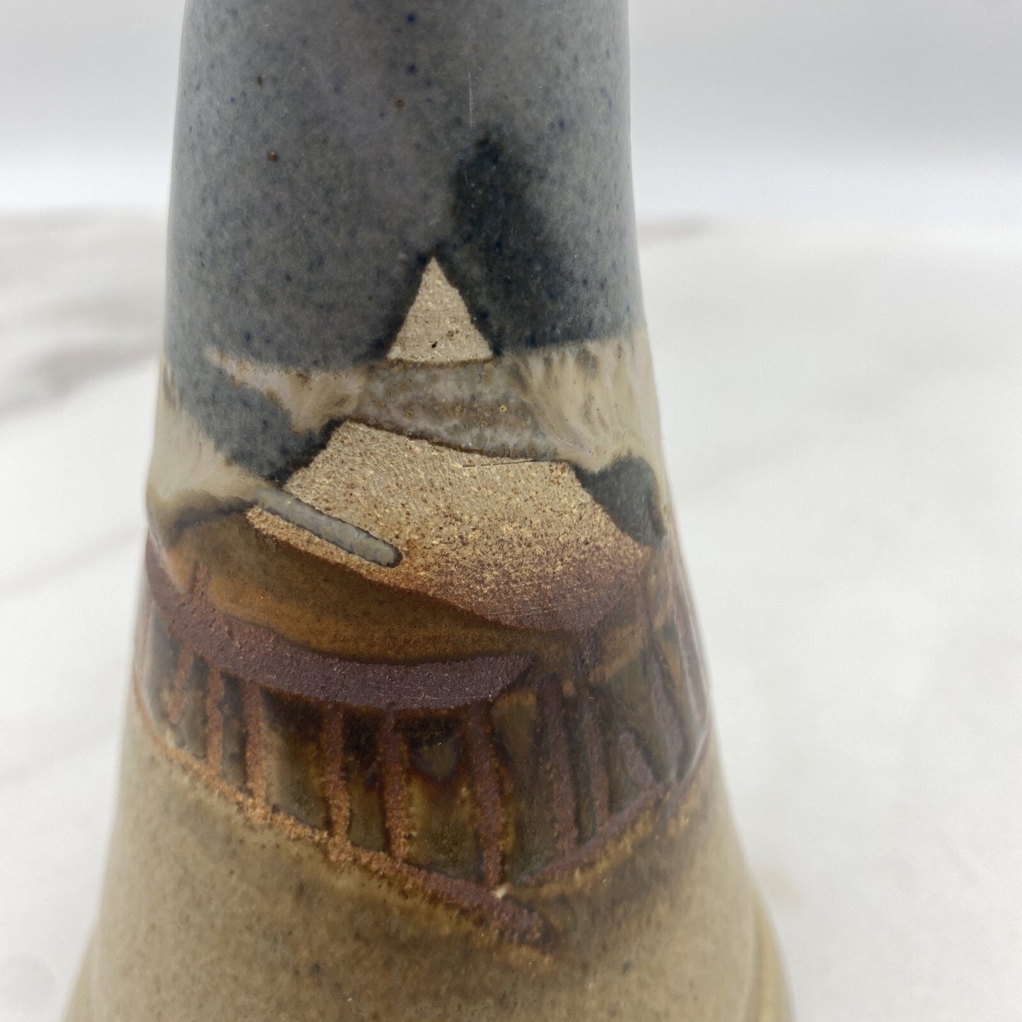 Studio Pottery Vase Signed Mountain Scene 8” Tall Blue Tan Vintage