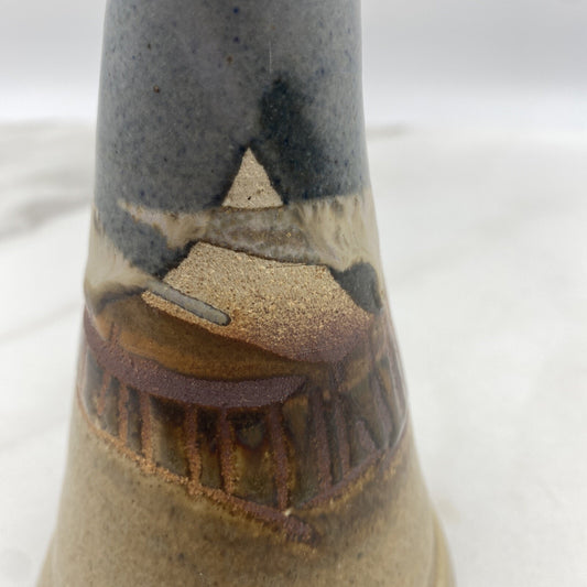 Studio Pottery Vase Signed Mountain Scene 8” Tall Blue Tan Vintage