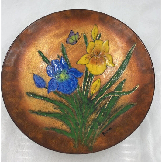 VTG Copper Bowl Enamel Painted Floral Decorative Cala Lillies Bowl Signed 11"