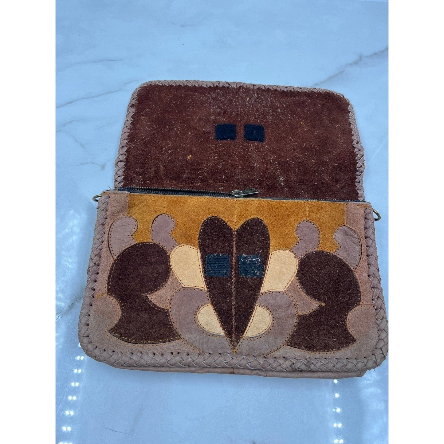Vintage Patchwork Suede Leather Heart Boho Clutch Bag Brown Tan Braided Trim