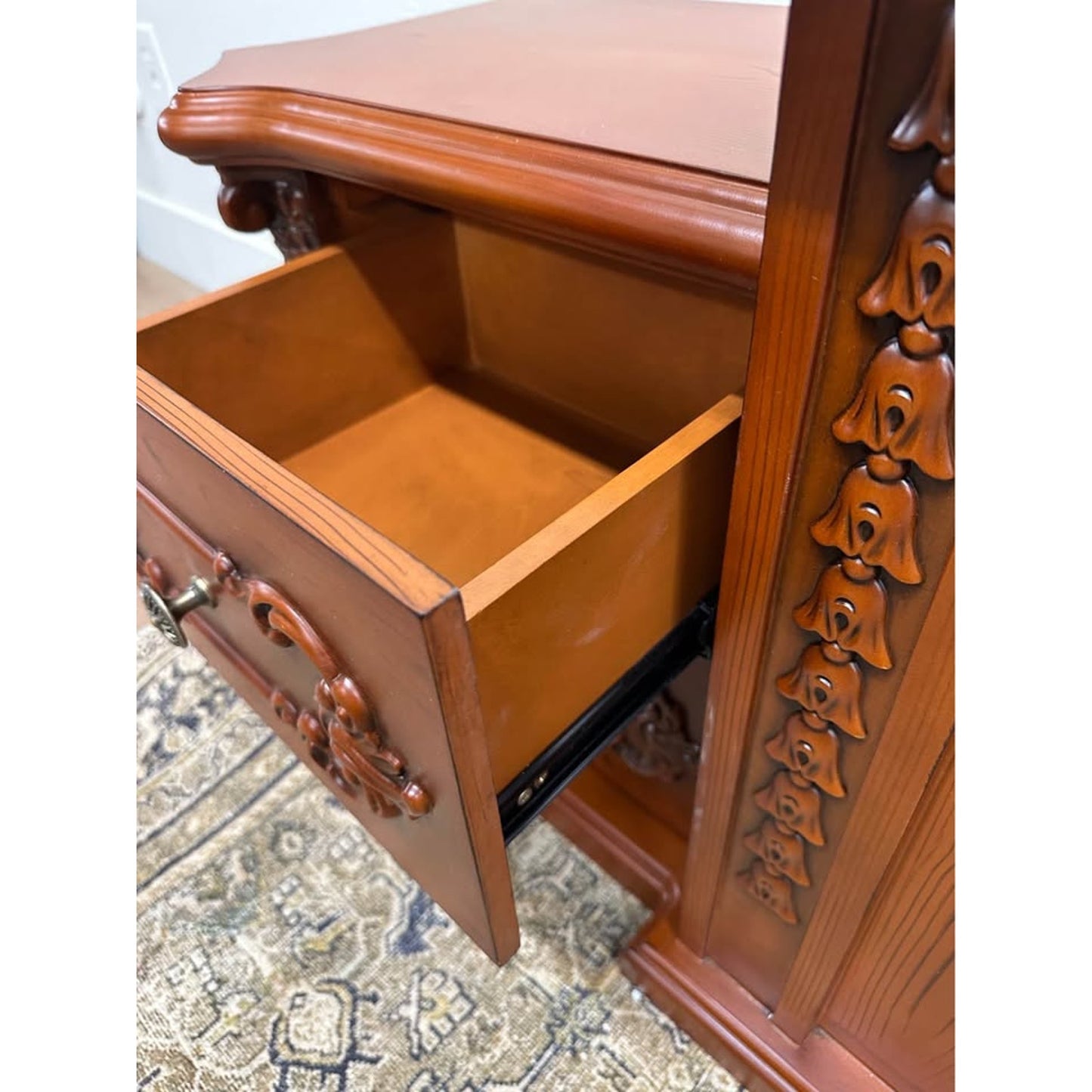 Carved Electronic Fireplace TV Storage Cabinet By Bkoksety Cherry Wood Look NEW