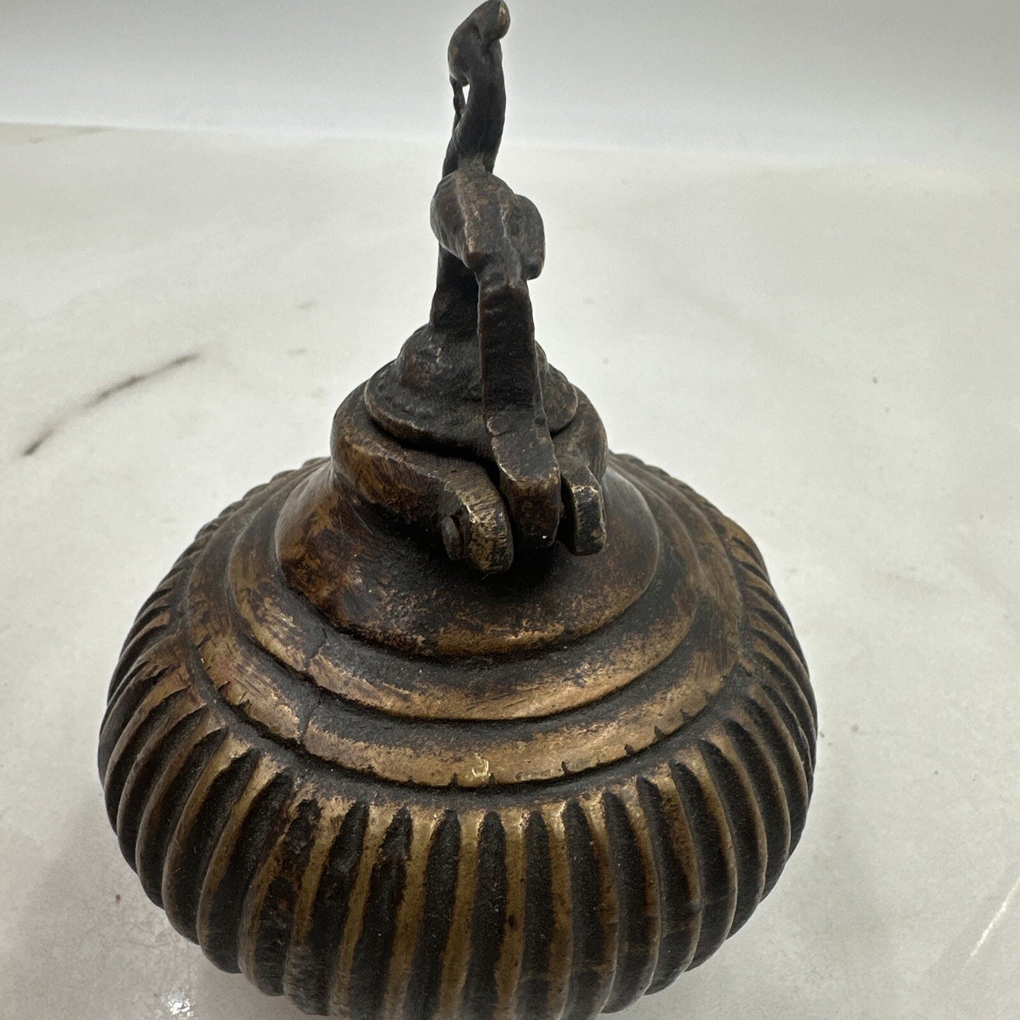 Antique Ink Well Indian Cast Bronze Mughal Footed w/ Peacock Lid & Fluted Sides