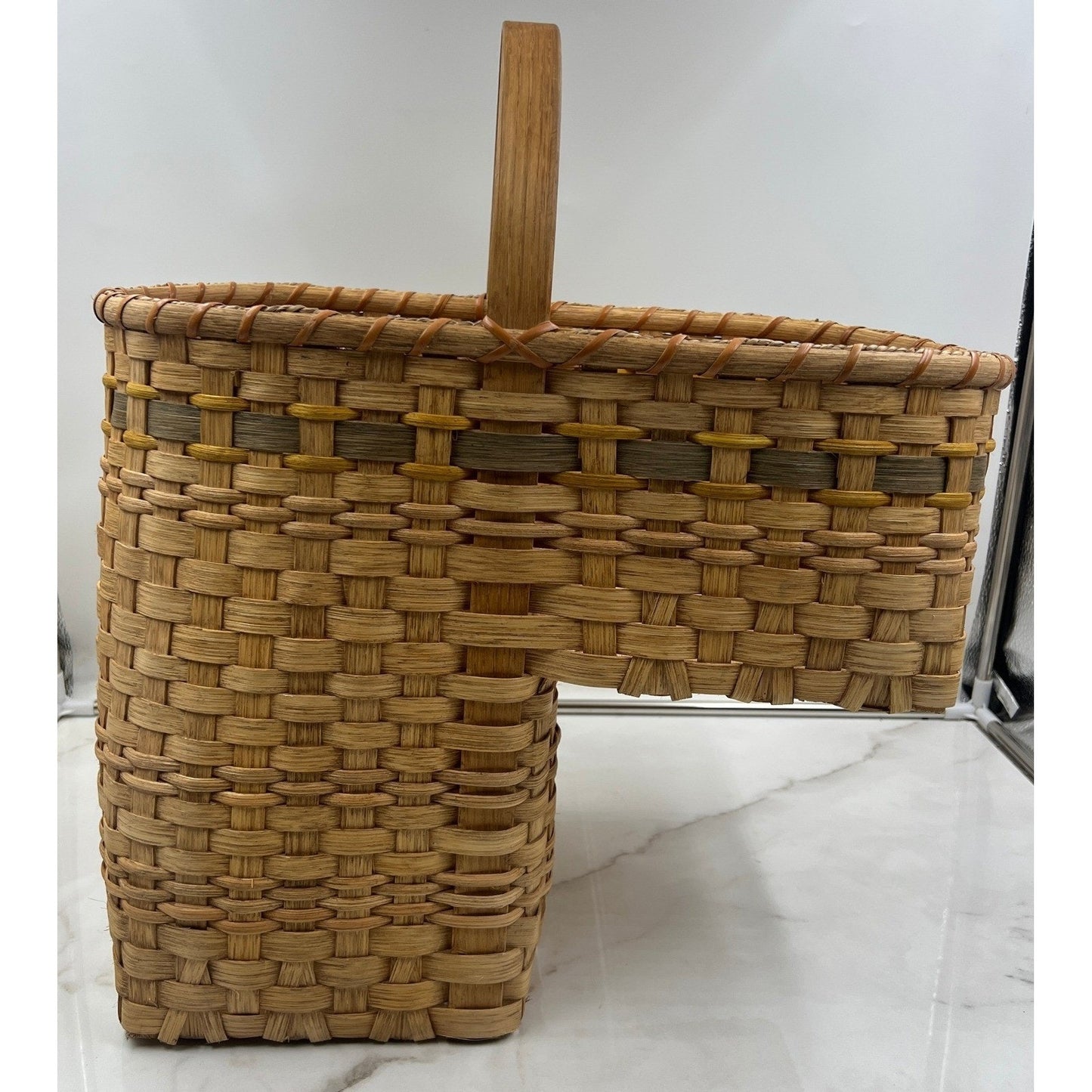 VTG Handmade Woven Stair Basket Wooden Handle Rustic Step Storage Natural Brown