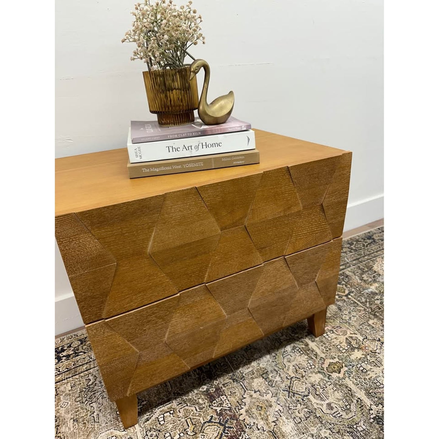 Helga 2 Drawer Nightstand Brown Wood MCM Style Built in Outlet