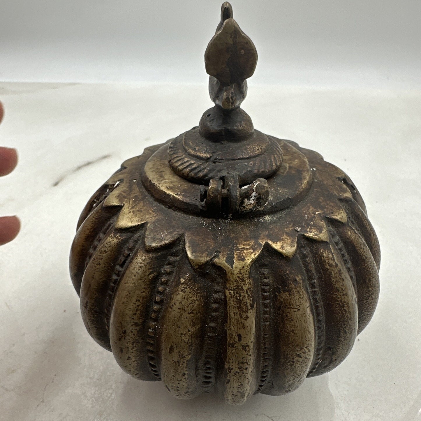 Antique Ink Well Indian Cast Bronze Mughal Footed w/ Peacock Lid & Fluted Sides