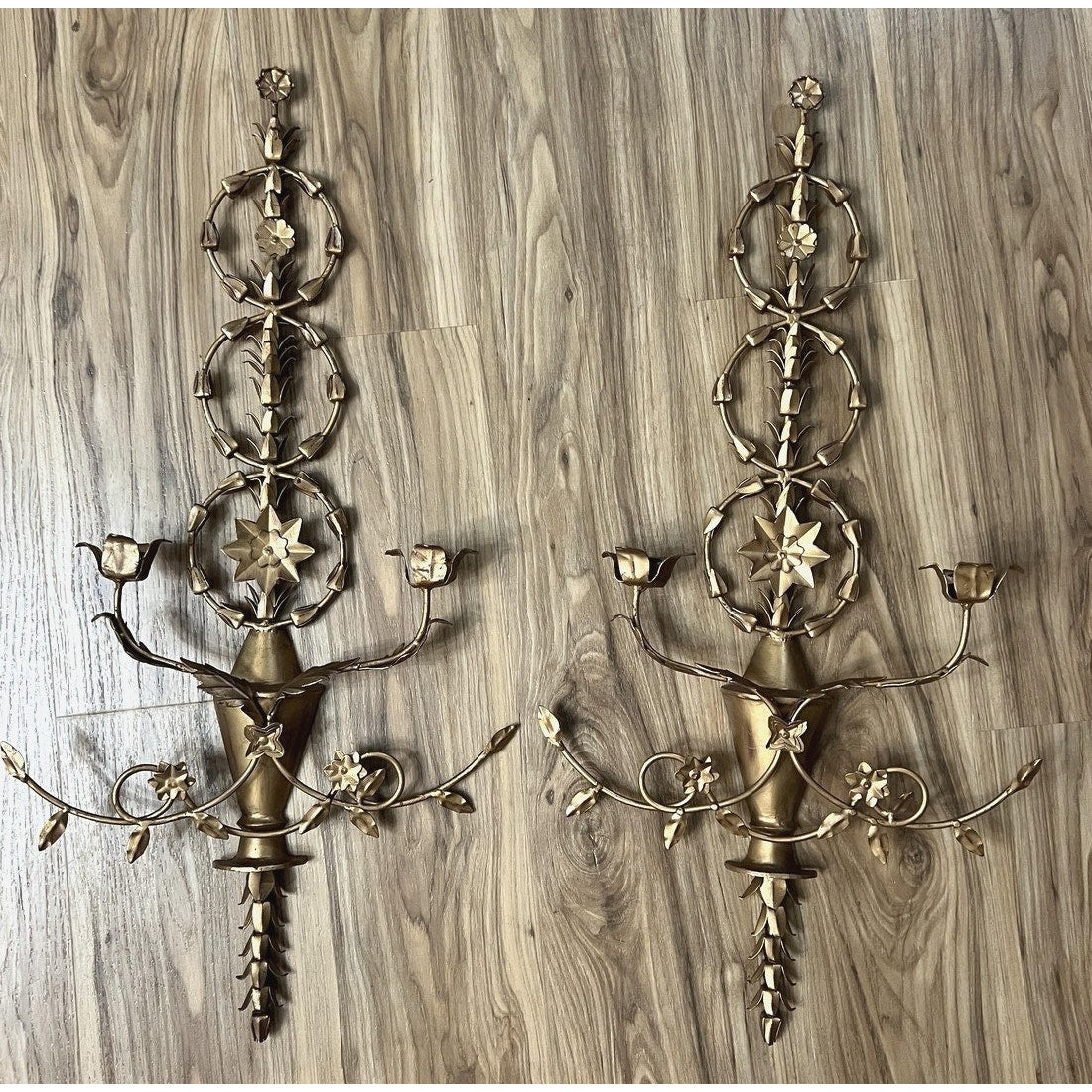 Pair of Austin Italian Tole 2-Arm Wall Candle Sconces Hollywood Regency AC0195