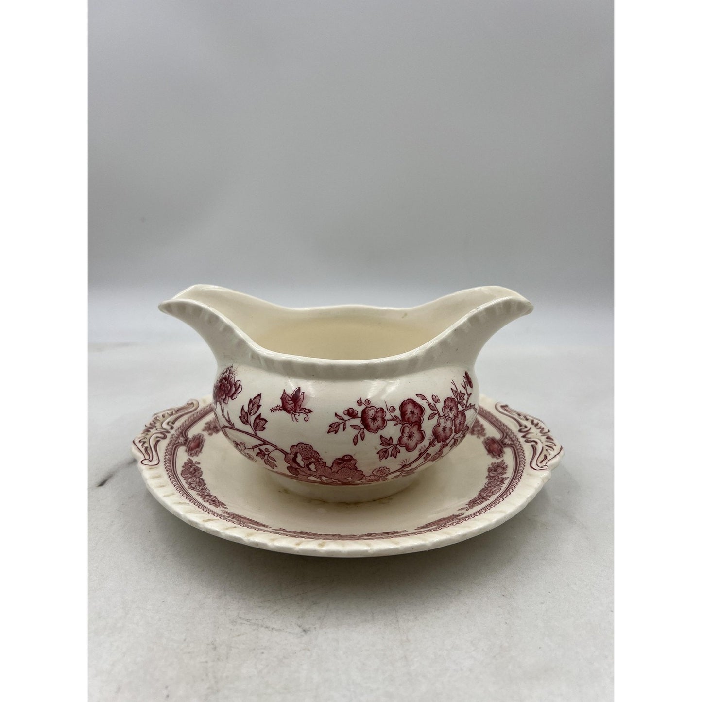 Vintage Mason's Manchu Ironstone Gravy Boat Saucer Red Floral England 9" Ceramic