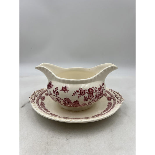Vintage Mason's Manchu Ironstone Gravy Boat Saucer Red Floral England 9" Ceramic