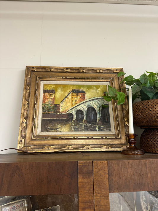 Vtg gold framed mcm oil painting
