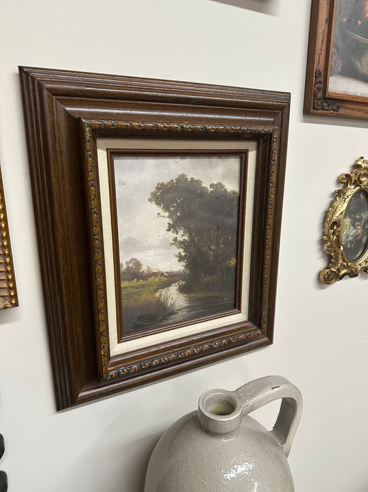 Vtg wood framed dark brown landscape
