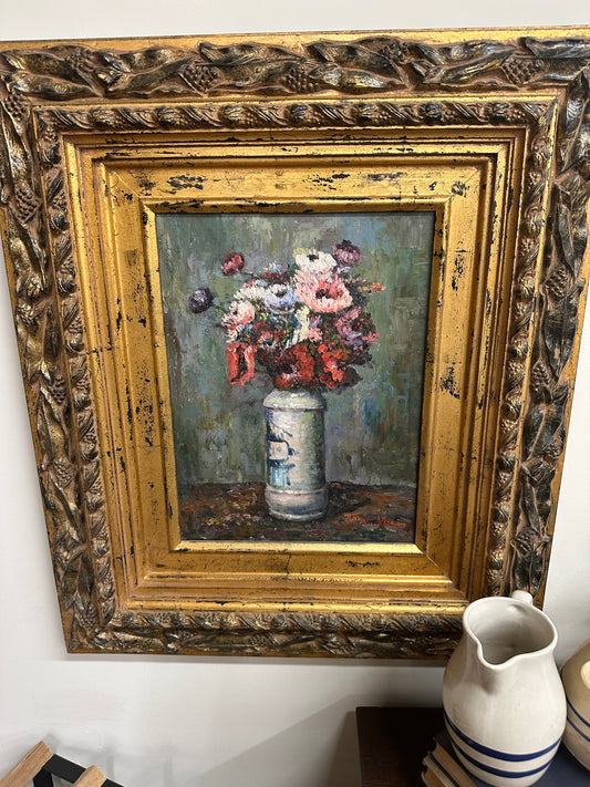 Vtg ornate gold floral oil painting