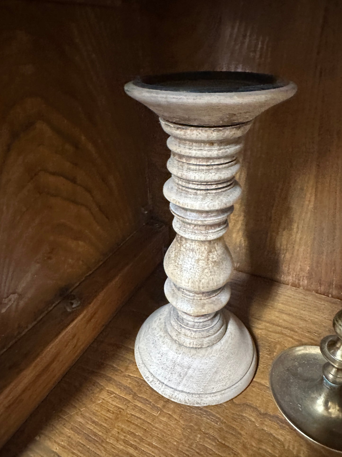 Turned wood pillar candle holder