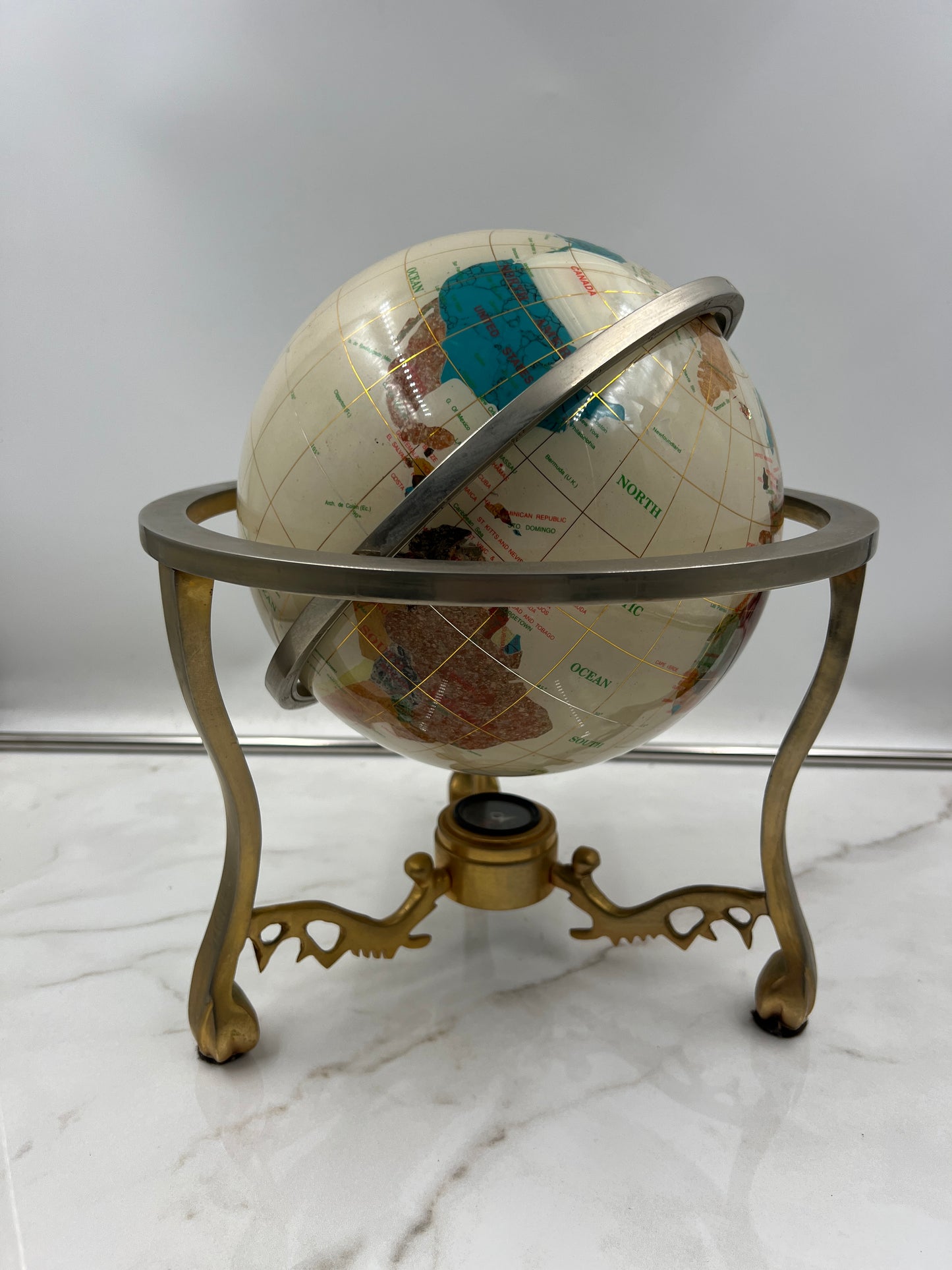 Vintage Gemstone Inlay World Globe with Gold Tone Tripod Stand and Compass