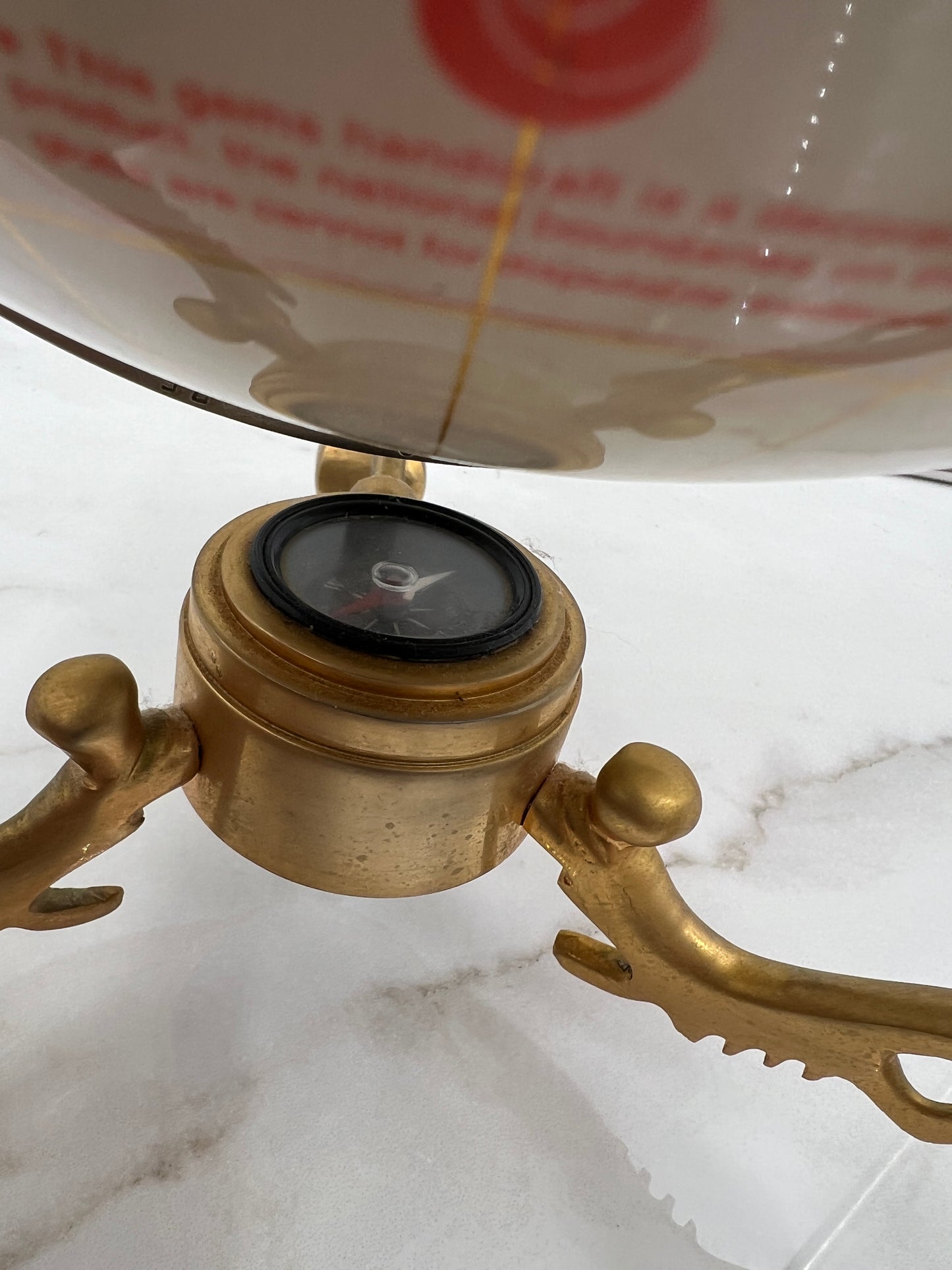 Vintage Gemstone Inlay World Globe with Gold Tone Tripod Stand and Compass