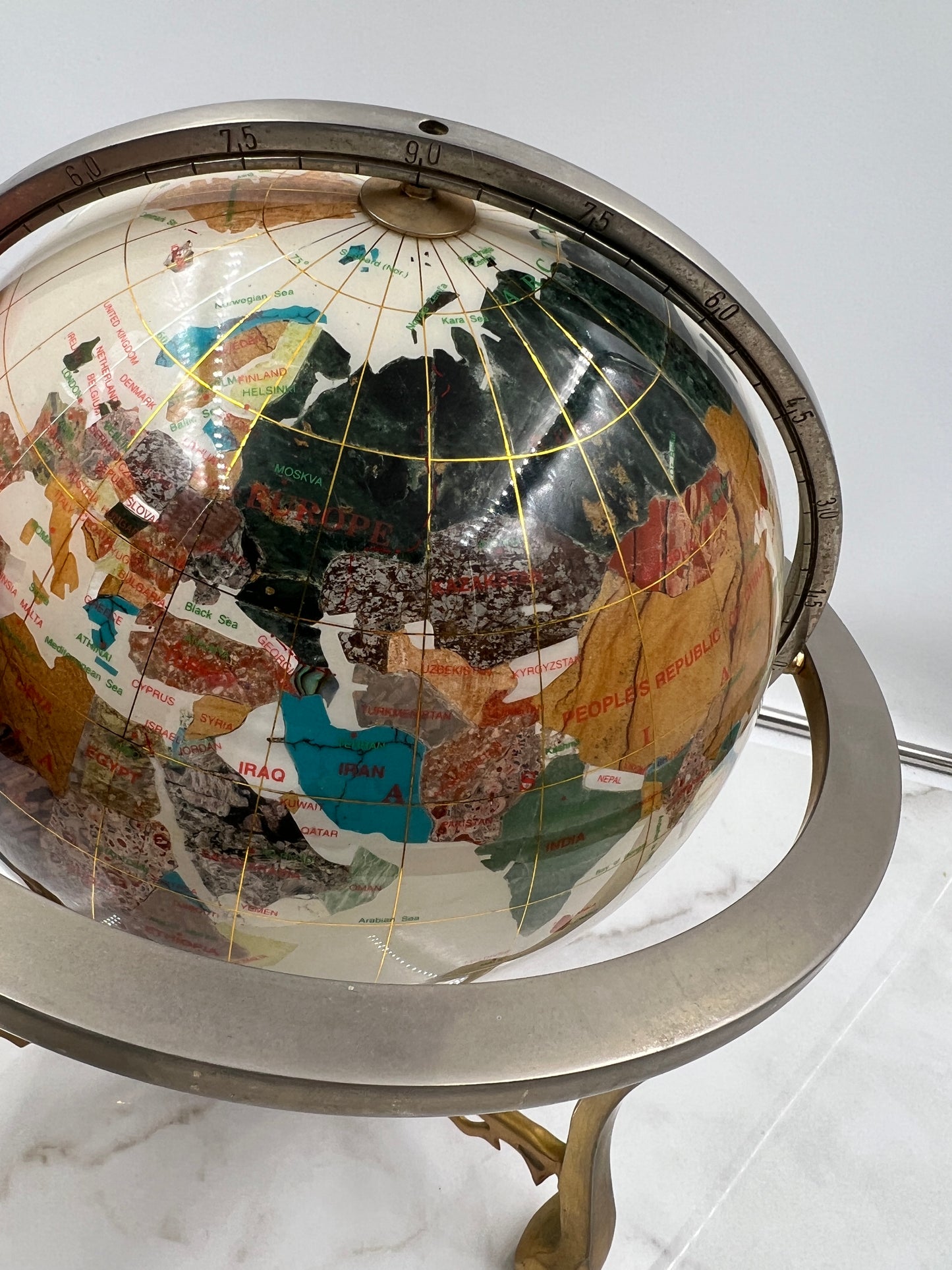 Vintage Gemstone Inlay World Globe with Gold Tone Tripod Stand and Compass