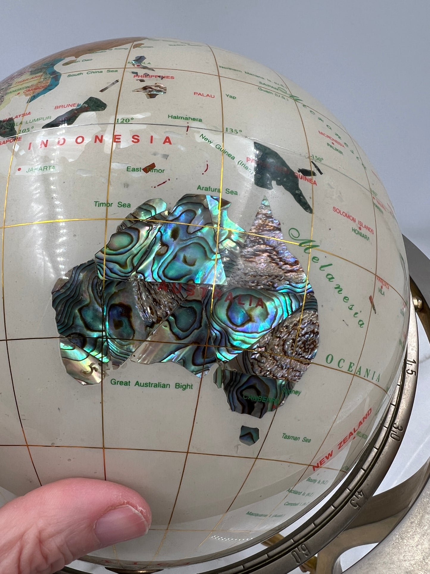 Vintage Gemstone Inlay World Globe with Gold Tone Tripod Stand and Compass