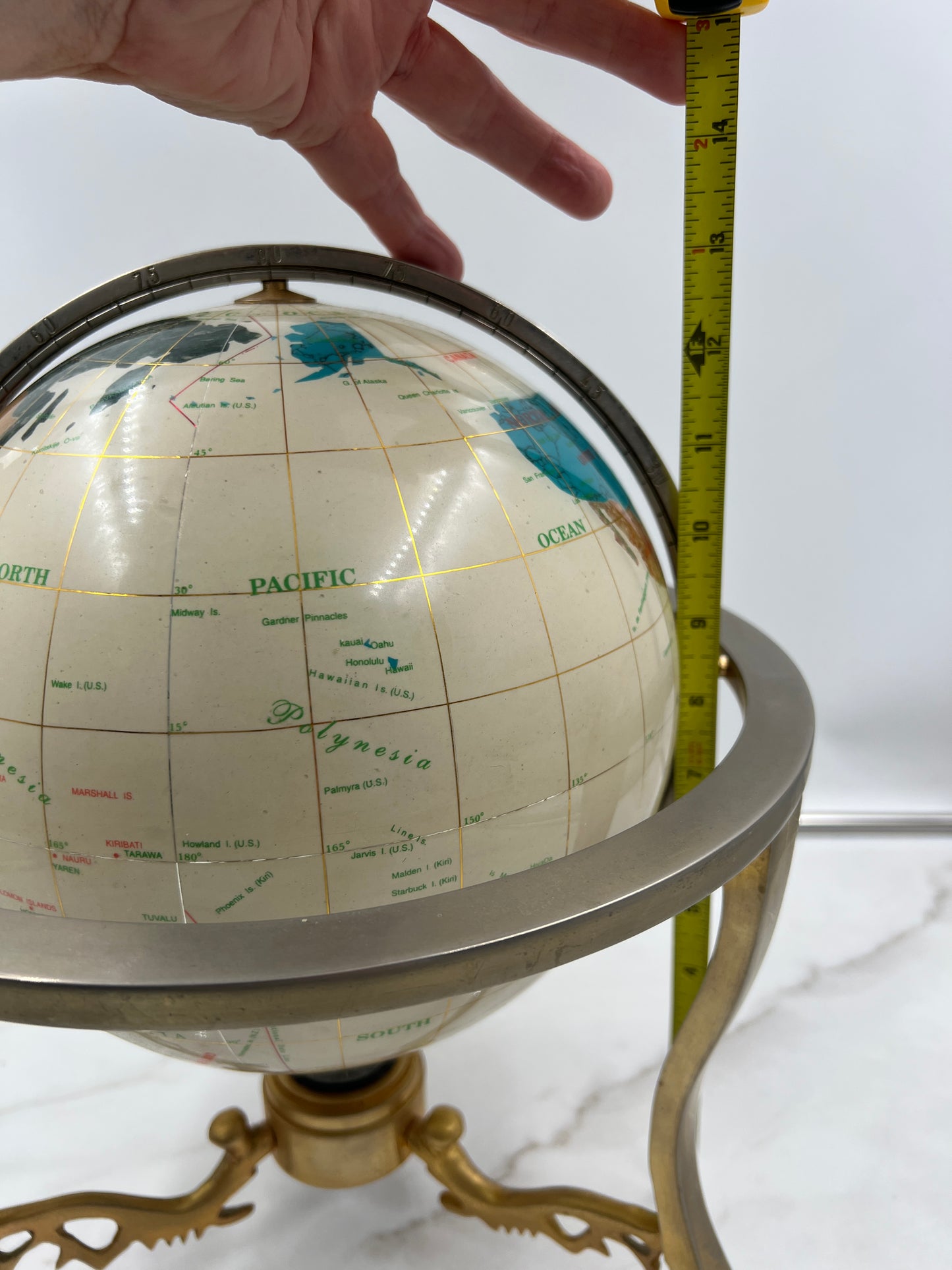 Vintage Gemstone Inlay World Globe with Gold Tone Tripod Stand and Compass