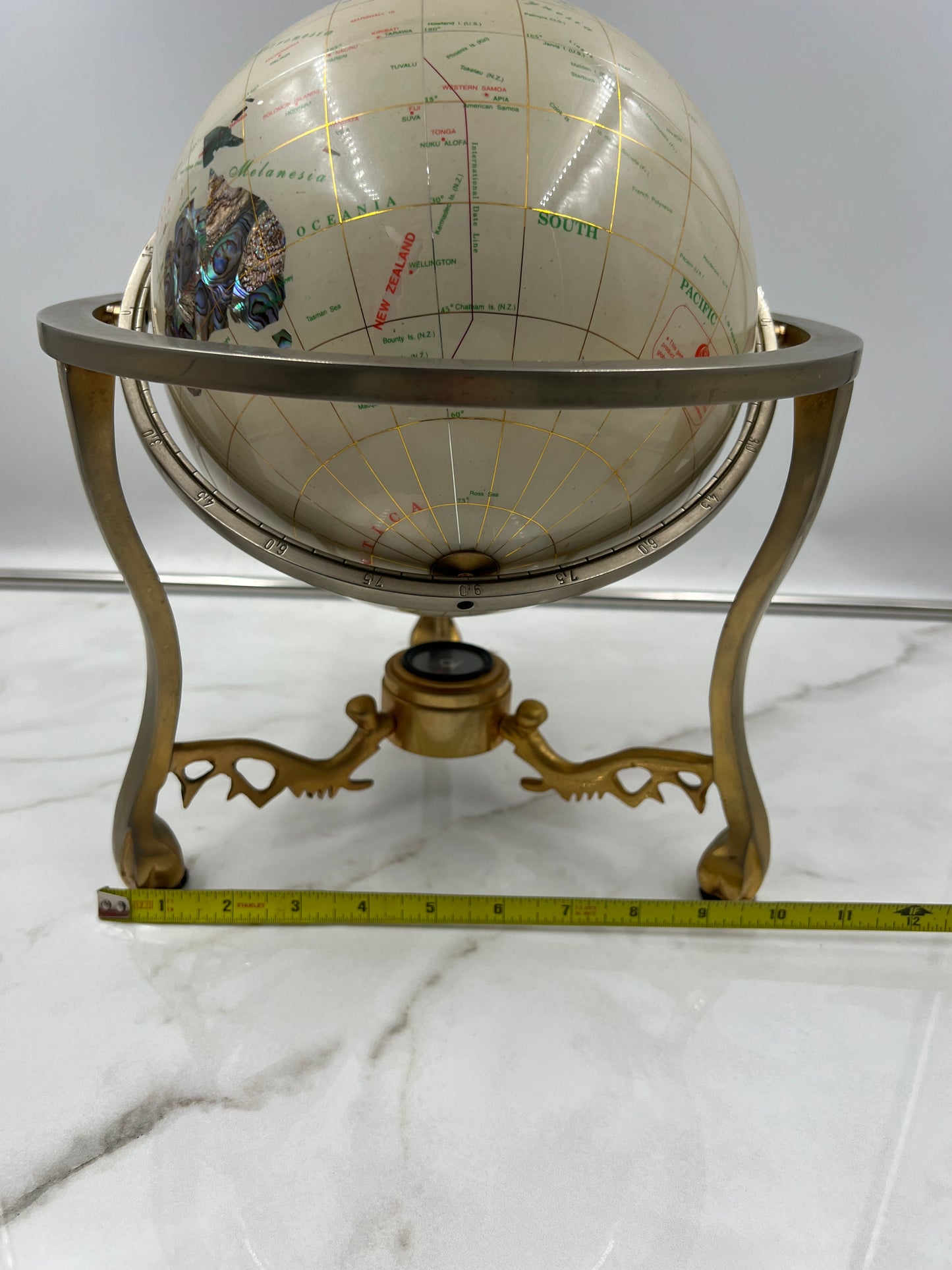 Vintage Gemstone Inlay World Globe with Gold Tone Tripod Stand and Compass