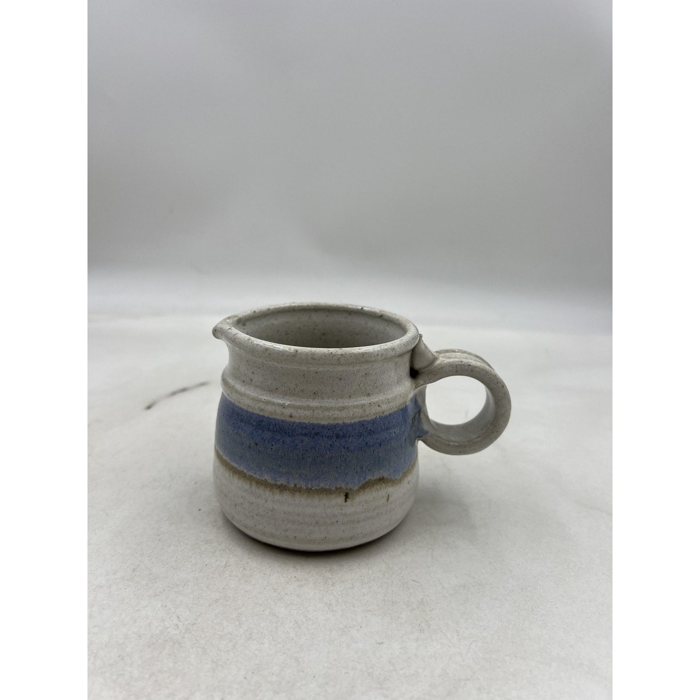 Handmade Studio Pottery Stoneware Creamer Mini Pitcher Blue Band Speckled