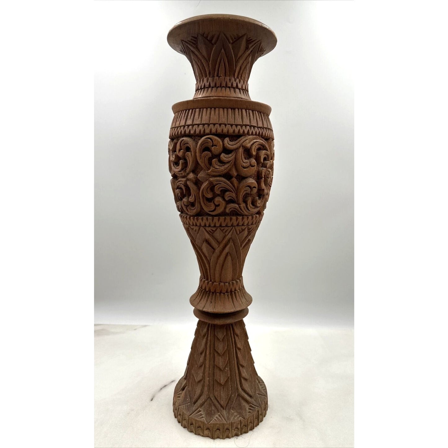 Vintage Wood Pedestal Turned Vase Candle Holder Exotic Rustic 20" Hand Carved