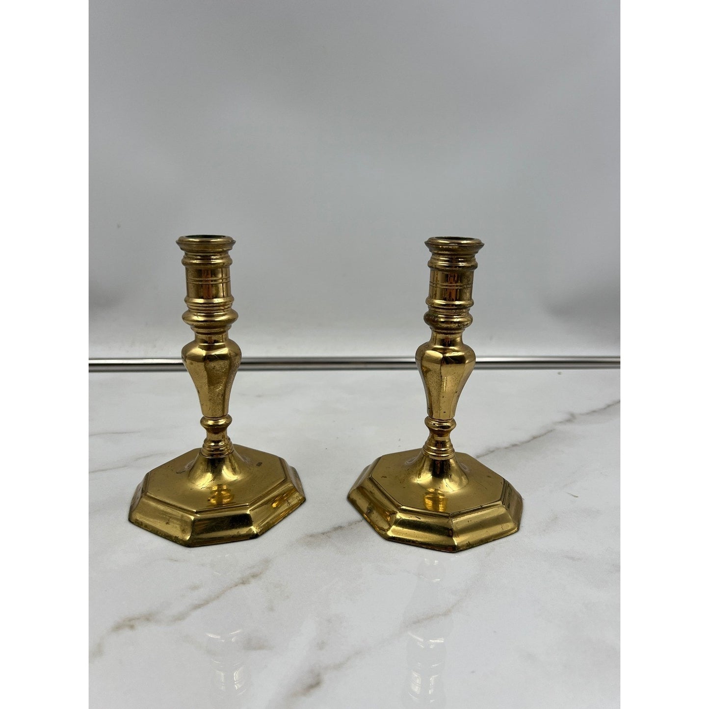 VTG Brass Candlesticks Holders Turned Hexagonal Base Set of 2
