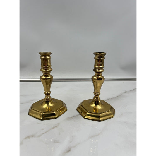 VTG Brass Candlesticks Holders Turned Hexagonal Base Set of 2