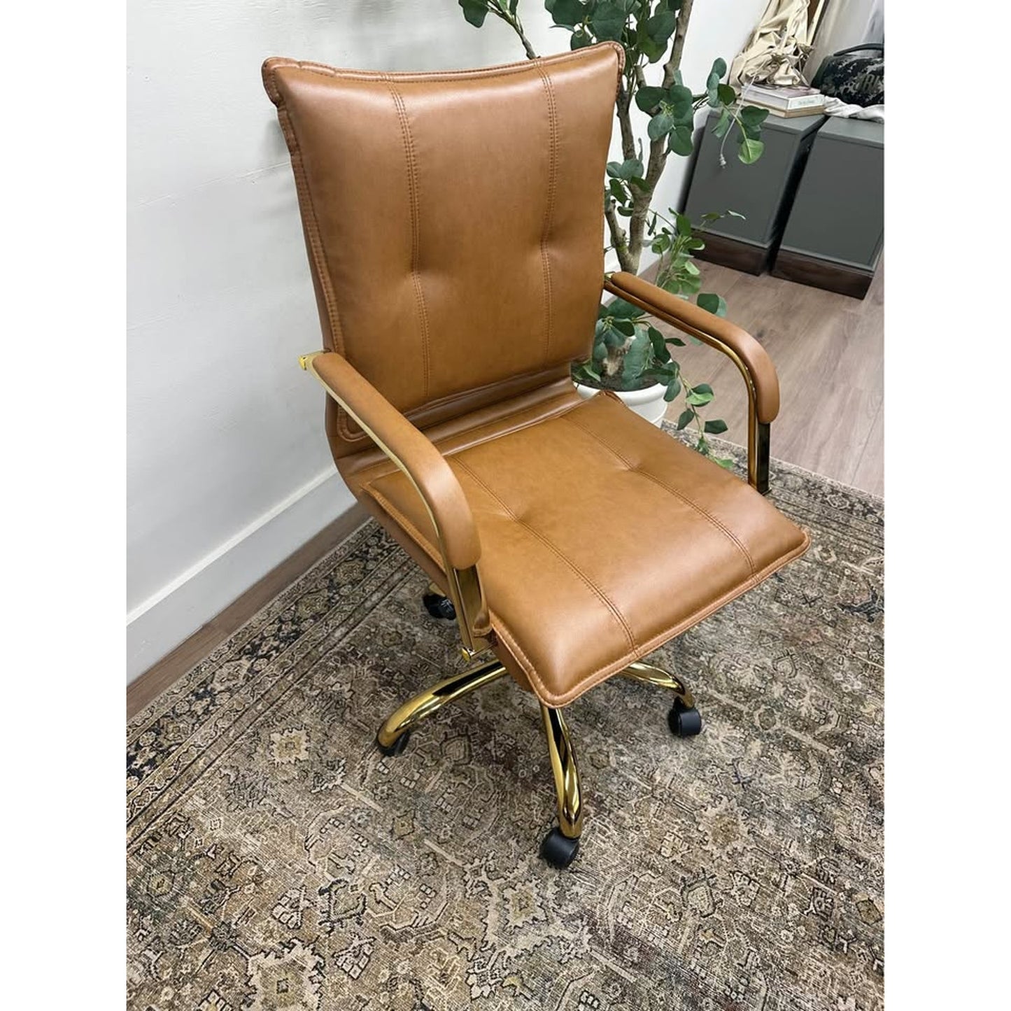 Riccardo Task Chair Brown Faux Leather Gold Rolling Office Chair