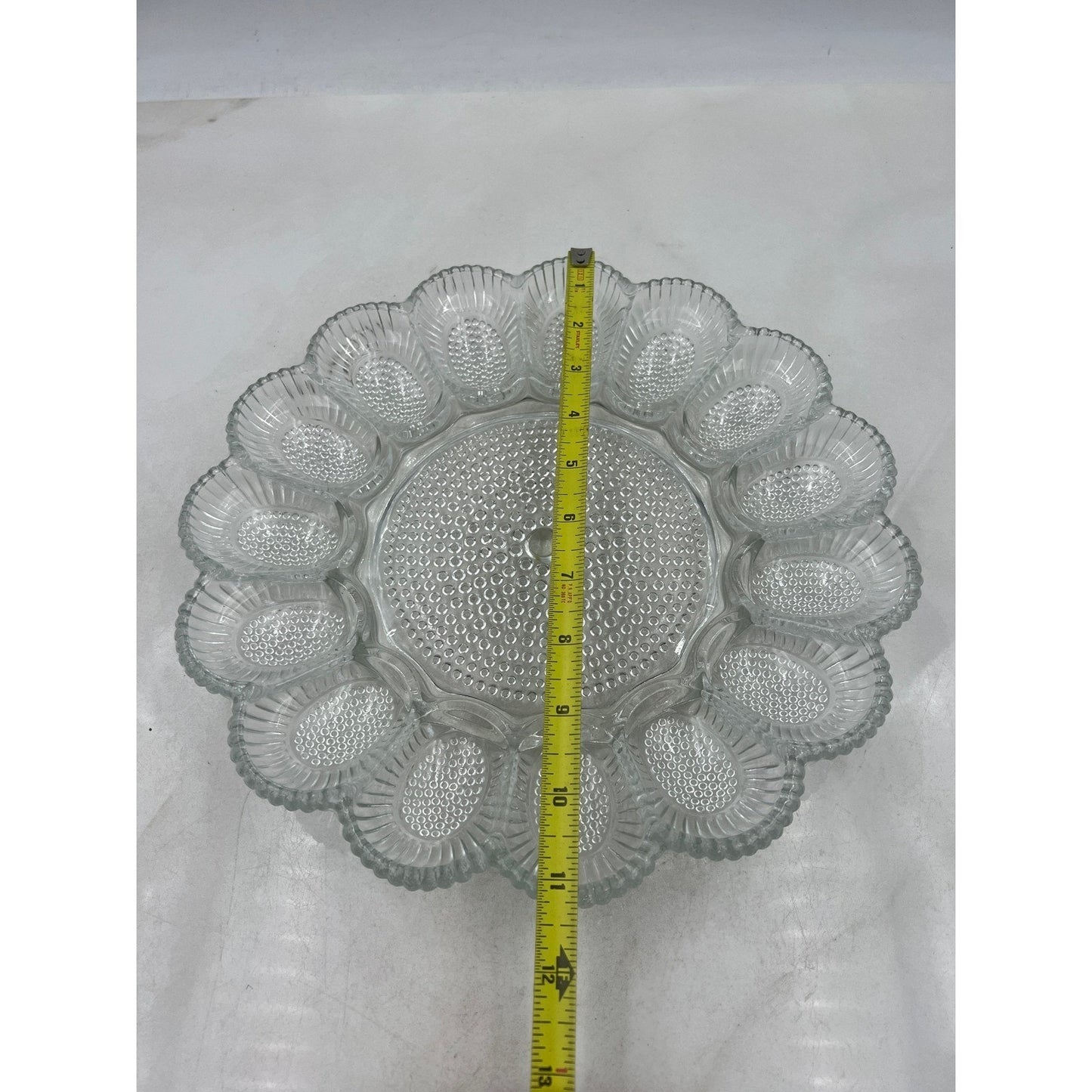 VTG Clear Glass Egg Plate Tray Holder 12 Eggs Center Serving Dish Scalloped Edge