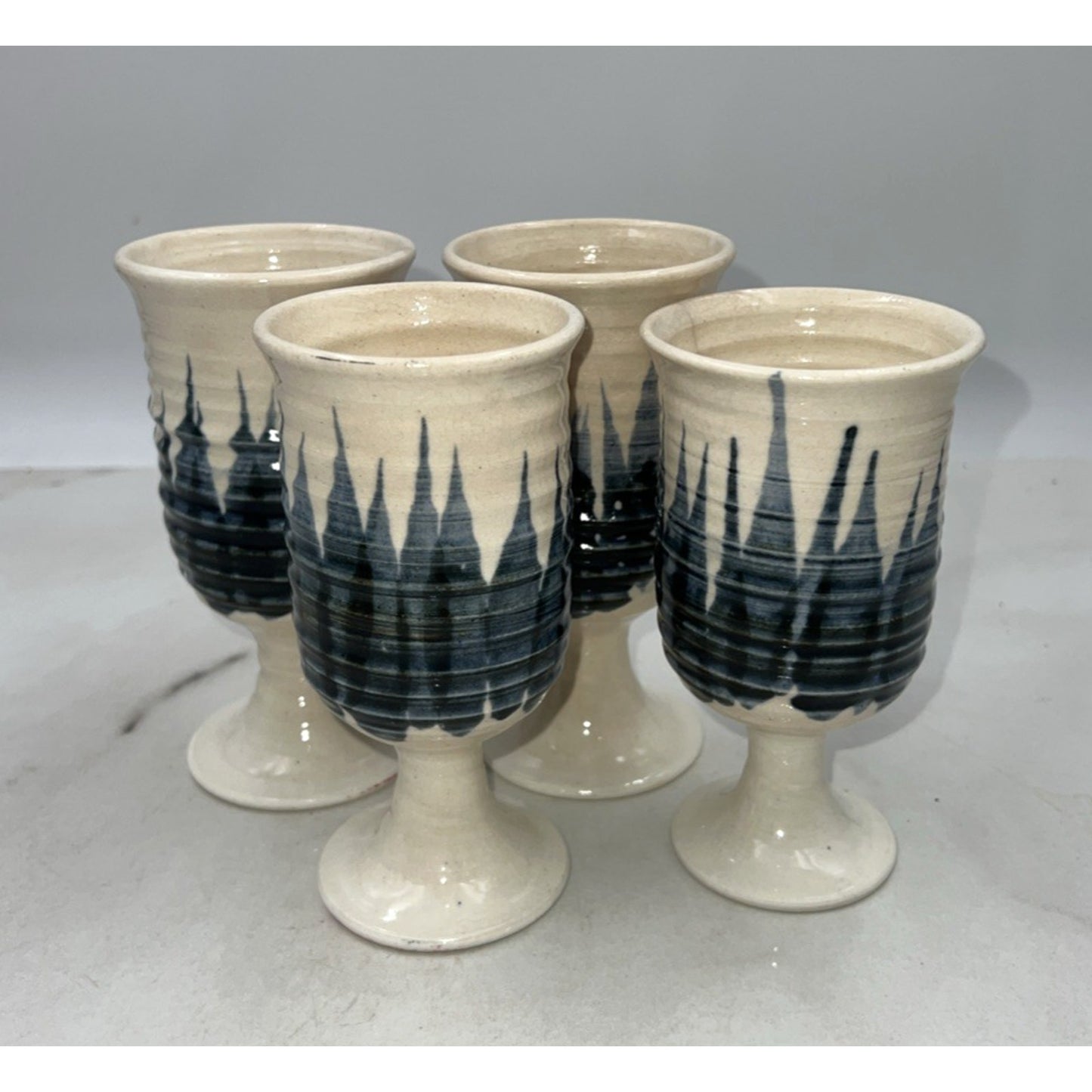 VTG Studio Pottery Goblets Glasses Hand Made Blue White Stoneware Set of 4 Signe