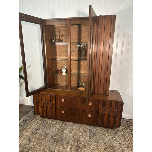 VTG Lane Staccato Brutalist Mid Century Dark Walnut Buffet and Hutch
