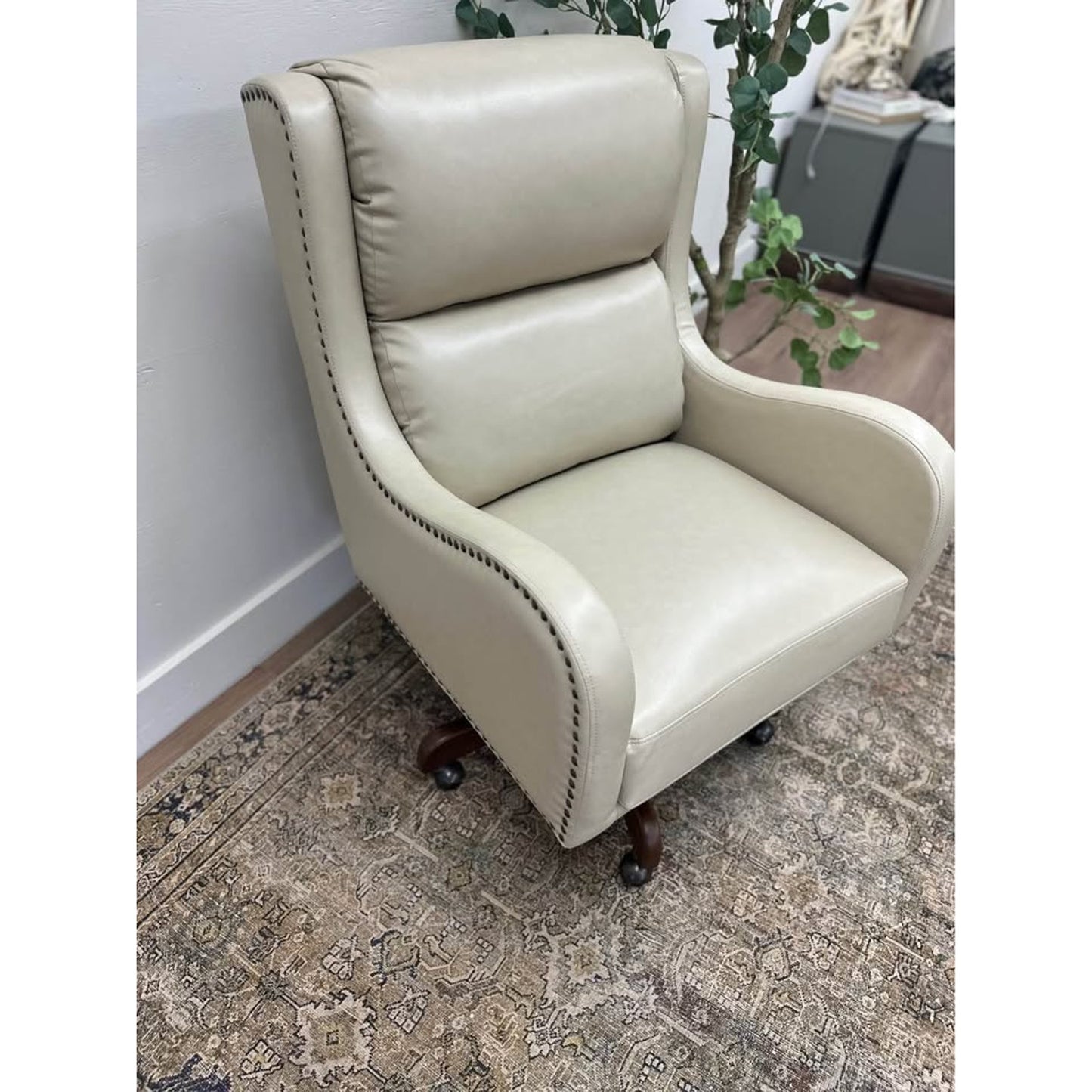 Viv Vegan Leather Executive Task Chair- Tan Brown Wood Rolling Base Office Chair Desk Nailhead