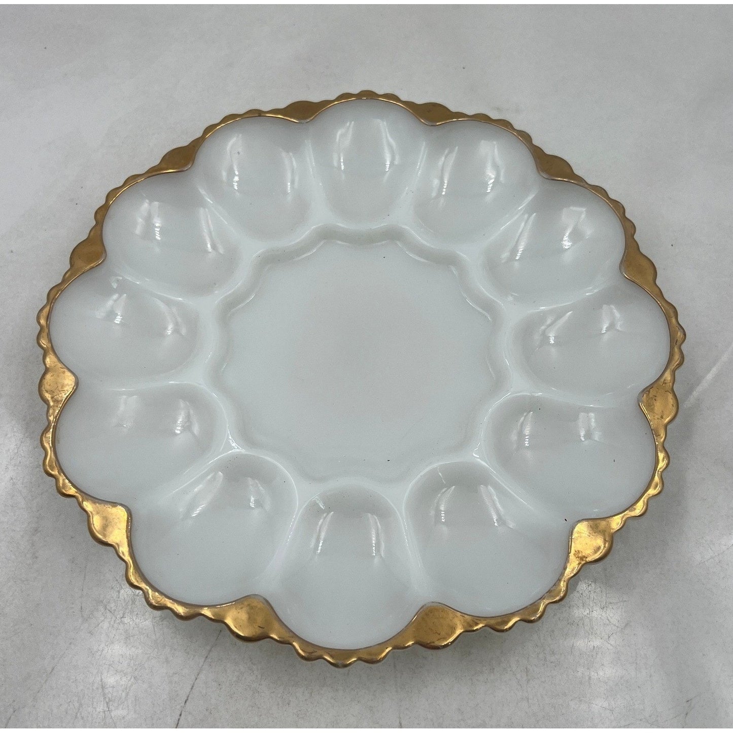 Vintage Milk Glass Egg Plate Gold Trim Scalloped Edge 12 Egg Holder Serving Dish