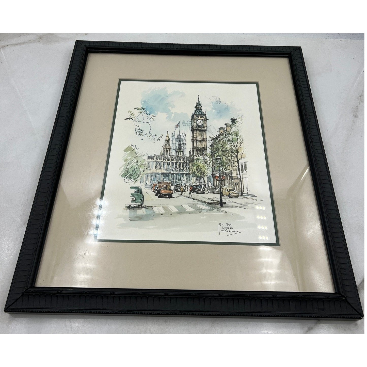 VTG Big Ben London Watercolor Art Print Framed Painting By Jan Korthals