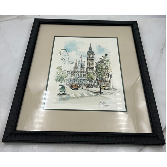 VTG Big Ben London Watercolor Art Print Framed Painting By Jan Korthals